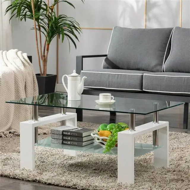 Main image of Modern White Glass Coffee Table for Living Room, Rectangle Center Table, Clear Tea Table