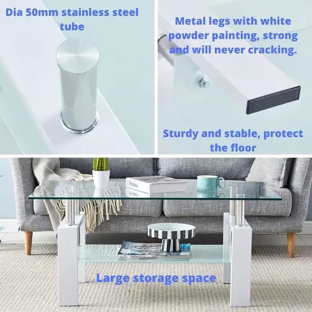 Alt view image 5 of 6 - Modern White Glass Coffee Table for Living Room, Rectangle Center Table, Clear Tea Table