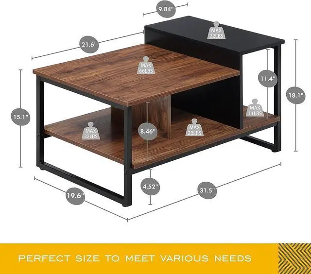 Alt view image 2 of 7 - HOMOOI Glass Wood Coffee Table with 2-Tier Staggered Shelves - Farmhouse Tea Center Table with Smoked Grey Tempered Glass for Living Room, 40", Walnut