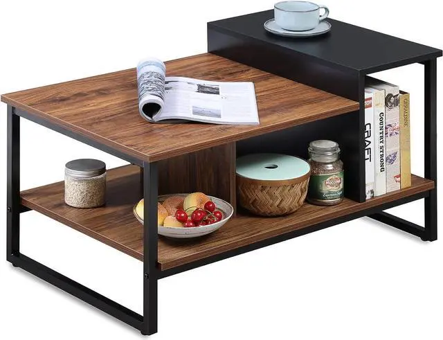 Alt view image 3 of 7 - HOMOOI Glass Wood Coffee Table with 2-Tier Staggered Shelves - Farmhouse Tea Center Table with Smoked Grey Tempered Glass for Living Room, 40", Walnut