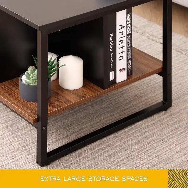 Alt view image 6 of 7 - HOMOOI Glass Wood Coffee Table with 2-Tier Staggered Shelves - Farmhouse Tea Center Table with Smoked Grey Tempered Glass for Living Room, 40", Walnut