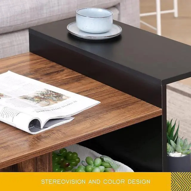 Alt view image 4 of 7 - HOMOOI Glass Wood Coffee Table with 2-Tier Staggered Shelves - Farmhouse Tea Center Table with Smoked Grey Tempered Glass for Living Room, 40", Walnut