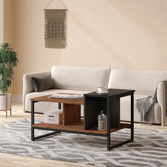 Alt view image 5 of 7 - HOMOOI Glass Wood Coffee Table with 2-Tier Staggered Shelves - Farmhouse Tea Center Table with Smoked Grey Tempered Glass for Living Room, 40", Walnut