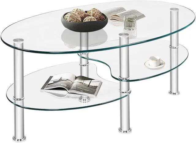 Main image of DORTALA Tempered Glass Oval Coffee Table, 3-Tier Modern Side Table with Chrome Base and Open Storage Shelf, Home Furniture Decor End Table for Living Room, Office Reception, Clear