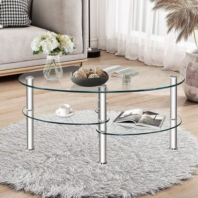 Alt view image 2 of 7 - DORTALA Tempered Glass Oval Coffee Table, 3-Tier Modern Side Table with Chrome Base and Open Storage Shelf, Home Furniture Decor End Table for Living Room, Office Reception, Clear