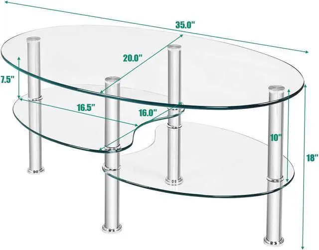 Alt view image 3 of 7 - DORTALA Tempered Glass Oval Coffee Table, 3-Tier Modern Side Table with Chrome Base and Open Storage Shelf, Home Furniture Decor End Table for Living Room, Office Reception, Clear
