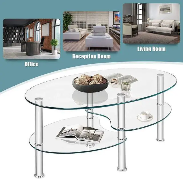 Alt view image 4 of 7 - DORTALA Tempered Glass Oval Coffee Table, 3-Tier Modern Side Table with Chrome Base and Open Storage Shelf, Home Furniture Decor End Table for Living Room, Office Reception, Clear