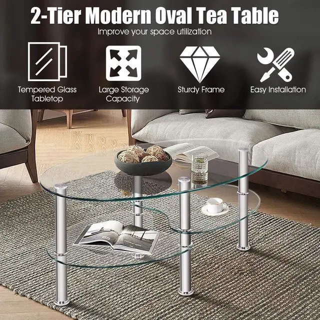 Alt view image 5 of 7 - DORTALA Tempered Glass Oval Coffee Table, 3-Tier Modern Side Table with Chrome Base and Open Storage Shelf, Home Furniture Decor End Table for Living Room, Office Reception, Clear
