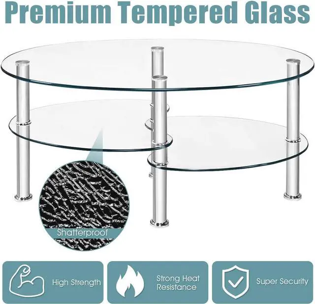 Alt view image 6 of 7 - DORTALA Tempered Glass Oval Coffee Table, 3-Tier Modern Side Table with Chrome Base and Open Storage Shelf, Home Furniture Decor End Table for Living Room, Office Reception, Clear