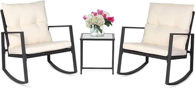 Main image of SUNCROWN 3 Piece Outdoor Rocking Bistro Set Black Wicker Furniture Porch Chairs Conversation Sets with Glass Coffee Table, Beige