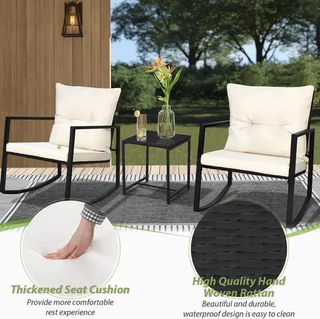Alt view image 6 of 7 - SUNCROWN 3 Piece Outdoor Rocking Bistro Set Black Wicker Furniture Porch Chairs Conversation Sets with Glass Coffee Table, Beige