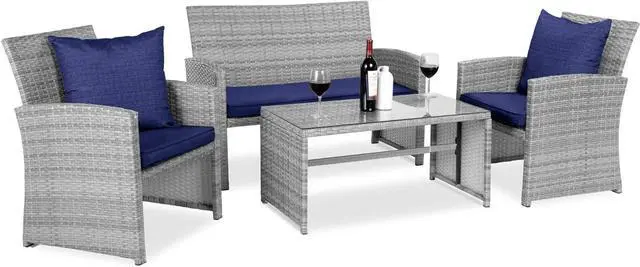 Main image of Best Choice Products 4-Piece Outdoor Wicker Patio Conversation Furniture Set for Backyard w/Coffee Table, Seat Cushions - Gray/Navy