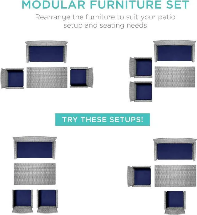 Alt view image 2 of 7 - Best Choice Products 4-Piece Outdoor Wicker Patio Conversation Furniture Set for Backyard w/Coffee Table, Seat Cushions - Gray/Navy