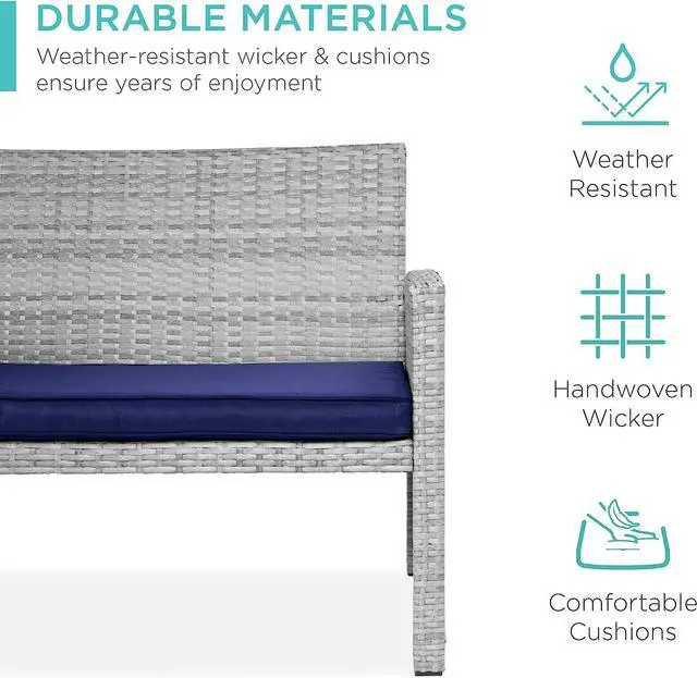 Alt view image 3 of 7 - Best Choice Products 4-Piece Outdoor Wicker Patio Conversation Furniture Set for Backyard w/Coffee Table, Seat Cushions - Gray/Navy