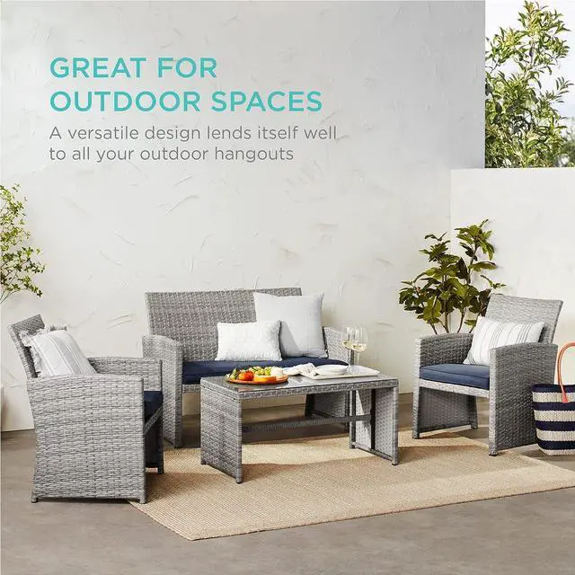 Alt view image 6 of 7 - Best Choice Products 4-Piece Outdoor Wicker Patio Conversation Furniture Set for Backyard w/Coffee Table, Seat Cushions - Gray/Navy