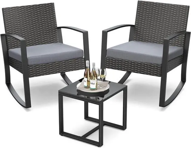 Main image of 3 Pieces Patio Furniture Set Rocking Bistro Set Outdoor Rattan Conversation with Coffee Table for Garden Balcony Backyard Poolside (Grey Cushion)