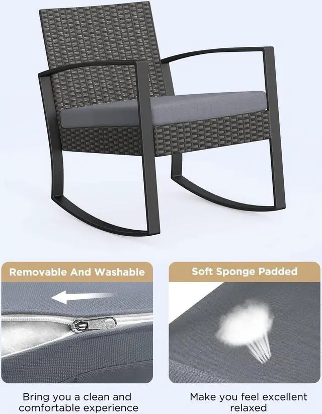 Alt view image 2 of 7 - 3 Pieces Patio Furniture Set Rocking Bistro Set Outdoor Rattan Conversation with Coffee Table for Garden Balcony Backyard Poolside (Grey Cushion)