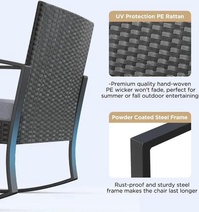 Alt view image 3 of 7 - 3 Pieces Patio Furniture Set Rocking Bistro Set Outdoor Rattan Conversation with Coffee Table for Garden Balcony Backyard Poolside (Grey Cushion)