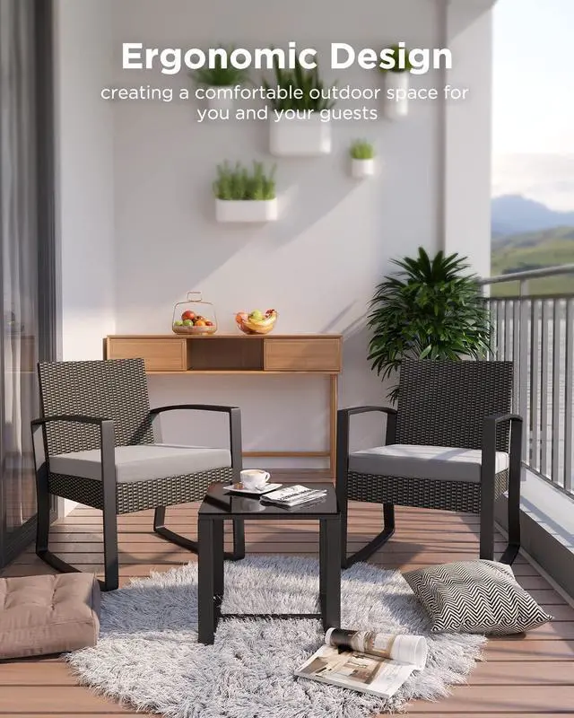 Alt view image 6 of 7 - 3 Pieces Patio Furniture Set Rocking Bistro Set Outdoor Rattan Conversation with Coffee Table for Garden Balcony Backyard Poolside (Grey Cushion)