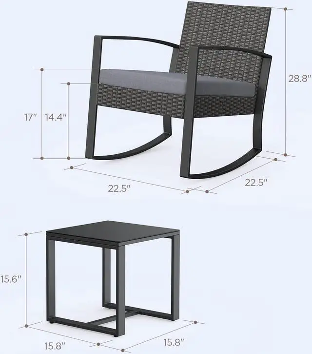 Alt view image 7 of 7 - 3 Pieces Patio Furniture Set Rocking Bistro Set Outdoor Rattan Conversation with Coffee Table for Garden Balcony Backyard Poolside (Grey Cushion)
