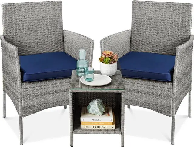 Main image of Best Choice Products 3-Piece Outdoor Wicker Conversation Bistro Set, Space Saving Patio Furniture for Garden w/Side Table - Gray/Navy