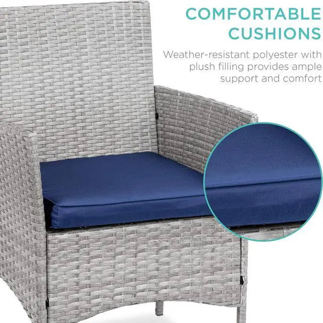 Alt view image 4 of 7 - Best Choice Products 3-Piece Outdoor Wicker Conversation Bistro Set, Space Saving Patio Furniture for Garden w/Side Table - Gray/Navy