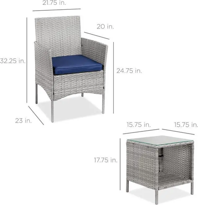 Alt view image 7 of 7 - Best Choice Products 3-Piece Outdoor Wicker Conversation Bistro Set, Space Saving Patio Furniture for Garden w/Side Table - Gray/Navy