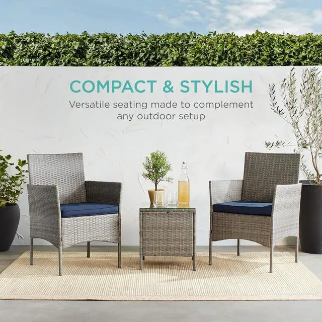 Alt view image 6 of 7 - Best Choice Products 3-Piece Outdoor Wicker Conversation Bistro Set, Space Saving Patio Furniture for Garden w/Side Table - Gray/Navy