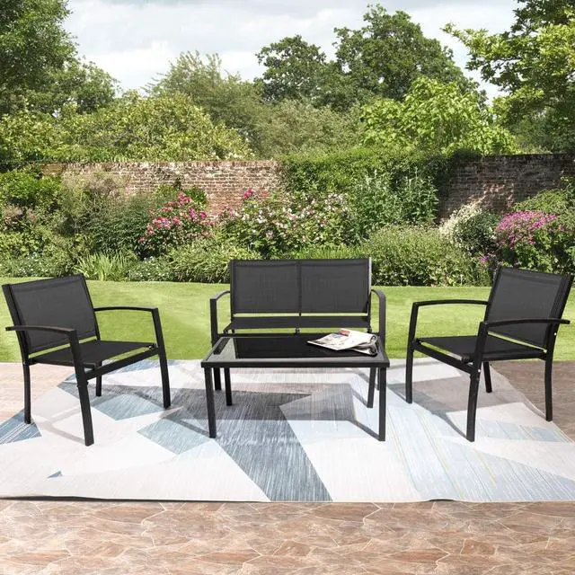Alt view image 7 of 7 - Tuoze 4 Pieces Patio Furniture Set Outdoor Conversation Set with Glass Coffee Table Bistro Set with Loveseat Garden Yard Lawn and Balcony (Black)