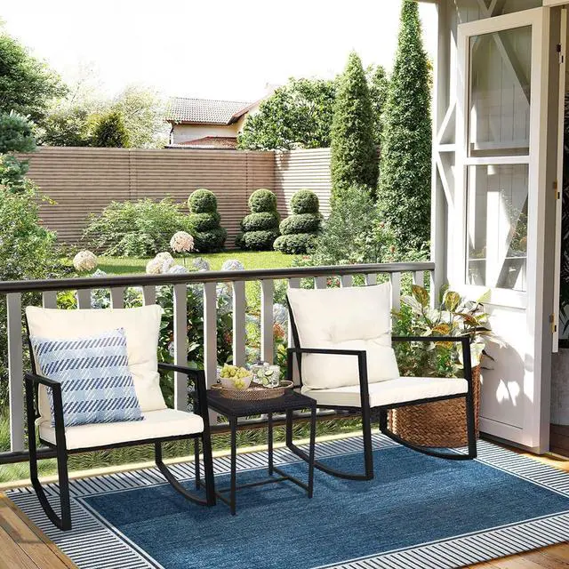 Alt view image 5 of 7 - SUNCROWN 3 Piece Outdoor Rocking Bistro Set Black Wicker Furniture Porch Chairs Conversation Sets with Glass Coffee Table, Beige