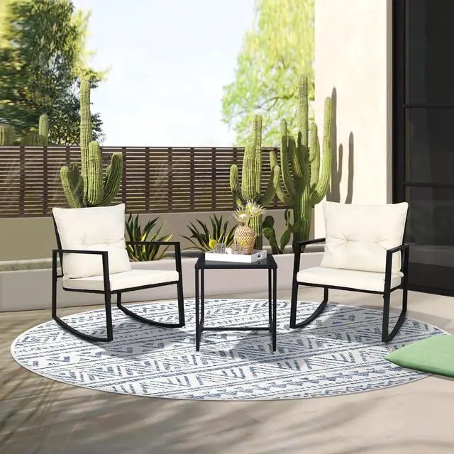 Alt view image 3 of 7 - SUNCROWN 3 Piece Outdoor Rocking Bistro Set Black Wicker Furniture Porch Chairs Conversation Sets with Glass Coffee Table, Beige