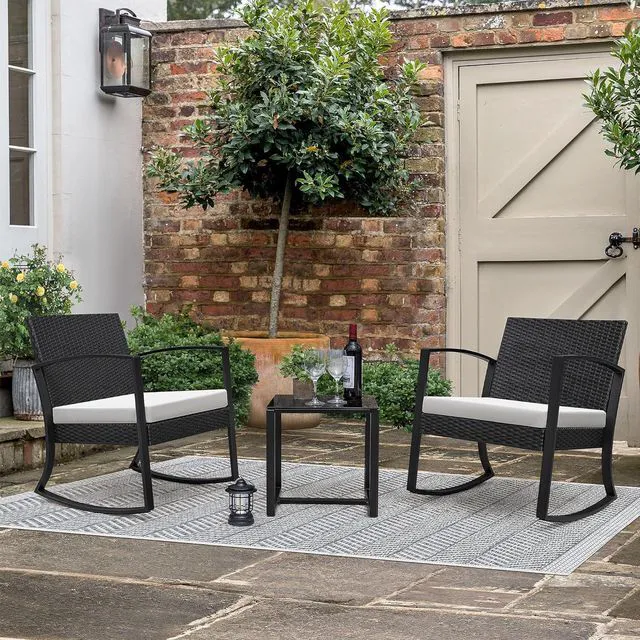 Alt view image 4 of 7 - Greesum 3 Pieces Outdoor Furniture Set Patio Bistro Rocking Chairs with Glass Coffee Table for Pool Beach Backyard Balcony Porch Deck Garden, White