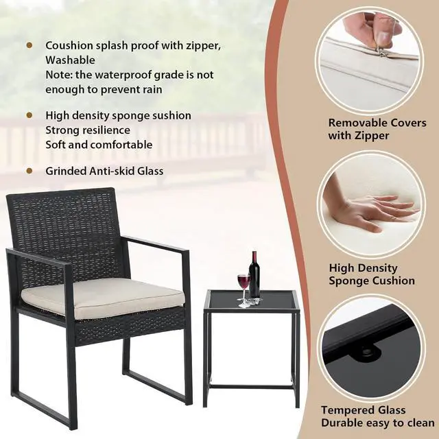 Alt view image 2 of 7 - FDW | 3-Piece Patio Furniture Set | Khaki |Outdoor Wicker Furniture with Coffee Table | Modern Rattan Chairs Conversation Set | Outdoor Seating | Weather-Resistant | for Porch, Garden, Lawn