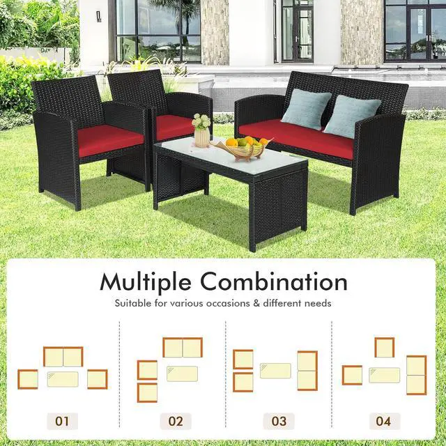 Alt view image 3 of 7 - Goplus Rattan Patio Furniture Set 4 Pieces, Outdoor Wicker Conversation Sofa and Table Set with Soft Cushions & Tempered Glass Coffee Table for Balcony Garden Backyard (Red)