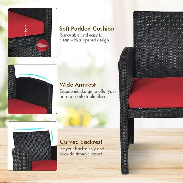 Alt view image 5 of 7 - Goplus Rattan Patio Furniture Set 4 Pieces, Outdoor Wicker Conversation Sofa and Table Set with Soft Cushions & Tempered Glass Coffee Table for Balcony Garden Backyard (Red)