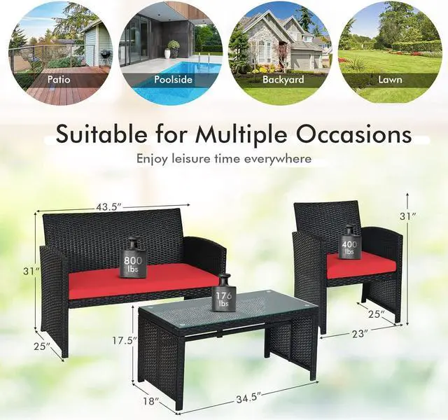 Alt view image 7 of 7 - Goplus Rattan Patio Furniture Set 4 Pieces, Outdoor Wicker Conversation Sofa and Table Set with Soft Cushions & Tempered Glass Coffee Table for Balcony Garden Backyard (Red)