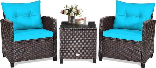 Main image of KOTEK 3 Piece Patio Furniture Set, Outdoor Conversation Set with Washable Cushions & Tempered Glass Tabletop, PE Rattan Wicker Bistro Set for Porch, Garden, Balcony (Turquoise)
