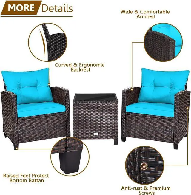 Alt view image 3 of 7 - KOTEK 3 Piece Patio Furniture Set, Outdoor Conversation Set with Washable Cushions & Tempered Glass Tabletop, PE Rattan Wicker Bistro Set for Porch, Garden, Balcony (Turquoise)