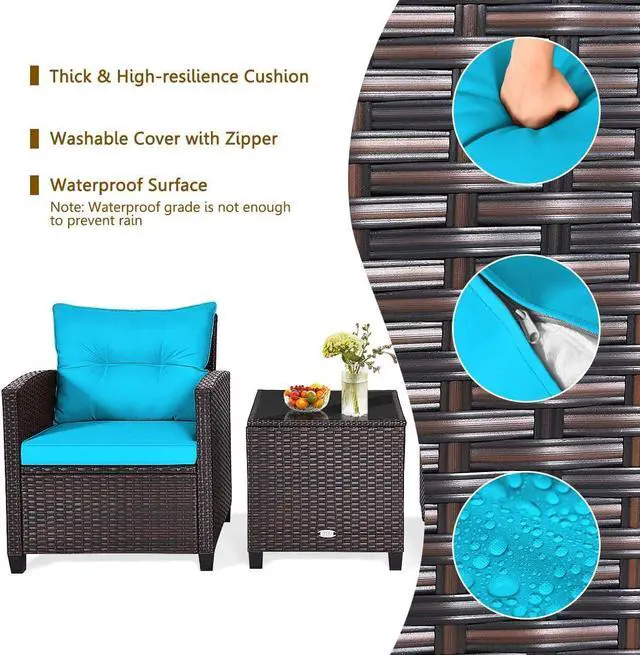 Alt view image 5 of 7 - KOTEK 3 Piece Patio Furniture Set, Outdoor Conversation Set with Washable Cushions & Tempered Glass Tabletop, PE Rattan Wicker Bistro Set for Porch, Garden, Balcony (Turquoise)