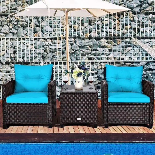 Alt view image 2 of 7 - KOTEK 3 Piece Patio Furniture Set, Outdoor Conversation Set with Washable Cushions & Tempered Glass Tabletop, PE Rattan Wicker Bistro Set for Porch, Garden, Balcony (Turquoise)