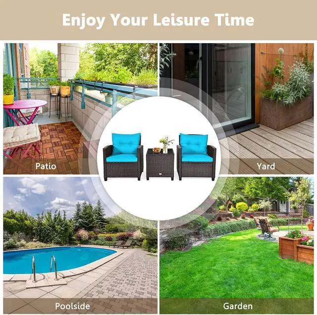 Alt view image 7 of 7 - KOTEK 3 Piece Patio Furniture Set, Outdoor Conversation Set with Washable Cushions & Tempered Glass Tabletop, PE Rattan Wicker Bistro Set for Porch, Garden, Balcony (Turquoise)