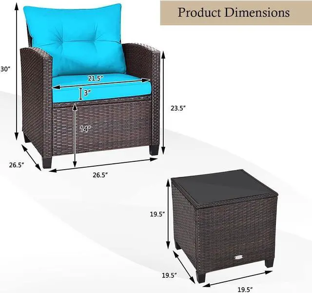 Alt view image 6 of 7 - KOTEK 3 Piece Patio Furniture Set, Outdoor Conversation Set with Washable Cushions & Tempered Glass Tabletop, PE Rattan Wicker Bistro Set for Porch, Garden, Balcony (Turquoise)