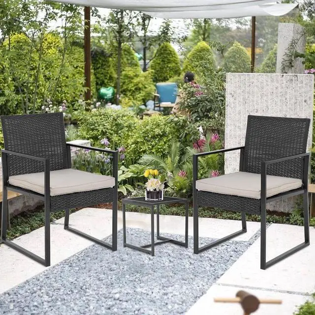 Alt view image 5 of 7 - FDW | 3-Piece Patio Furniture Set | Khaki |Outdoor Wicker Furniture with Coffee Table | Modern Rattan Chairs Conversation Set | Outdoor Seating | Weather-Resistant | for Porch, Garden, Lawn
