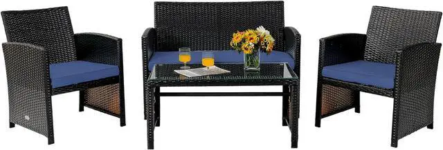 Main image of Tangkula 4 Pieces Rattan Furniture Set, Outdoor Conversation Set w/Chair & Loveseat & Tempered Glass Coffee Table, Suitable for Garden, Backyard, Poolside, Patio Furniture Set for 4 (1, Blue)