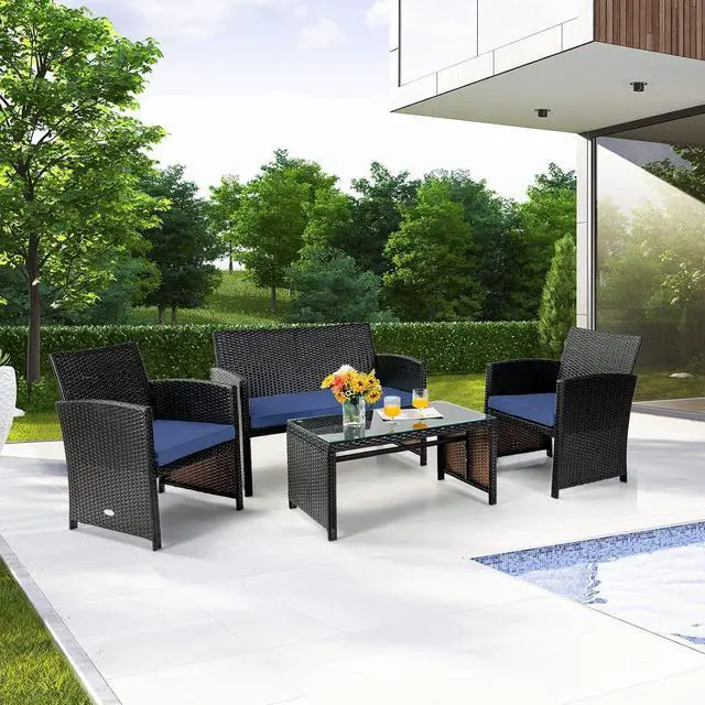 Alt view image 2 of 7 - Tangkula 4 Pieces Rattan Furniture Set, Outdoor Conversation Set w/Chair & Loveseat & Tempered Glass Coffee Table, Suitable for Garden, Backyard, Poolside, Patio Furniture Set for 4 (1, Blue)