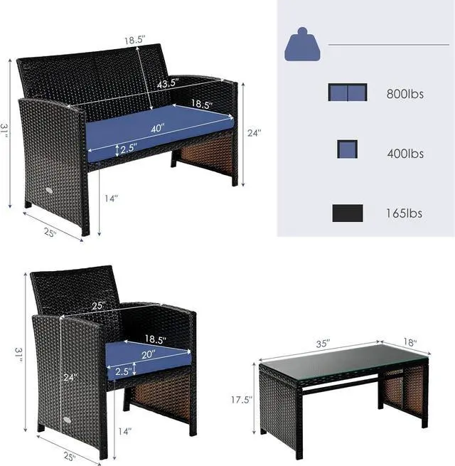 Alt view image 4 of 7 - Tangkula 4 Pieces Rattan Furniture Set, Outdoor Conversation Set w/Chair & Loveseat & Tempered Glass Coffee Table, Suitable for Garden, Backyard, Poolside, Patio Furniture Set for 4 (1, Blue)