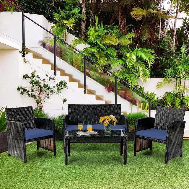Alt view image 3 of 7 - Tangkula 4 Pieces Rattan Furniture Set, Outdoor Conversation Set w/Chair & Loveseat & Tempered Glass Coffee Table, Suitable for Garden, Backyard, Poolside, Patio Furniture Set for 4 (1, Blue)