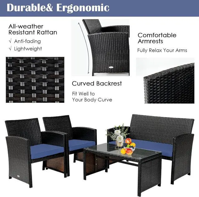 Alt view image 5 of 7 - Tangkula 4 Pieces Rattan Furniture Set, Outdoor Conversation Set w/Chair & Loveseat & Tempered Glass Coffee Table, Suitable for Garden, Backyard, Poolside, Patio Furniture Set for 4 (1, Blue)