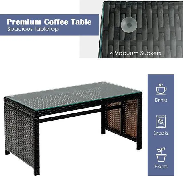 Alt view image 7 of 7 - Tangkula 4 Pieces Rattan Furniture Set, Outdoor Conversation Set w/Chair & Loveseat & Tempered Glass Coffee Table, Suitable for Garden, Backyard, Poolside, Patio Furniture Set for 4 (1, Blue)