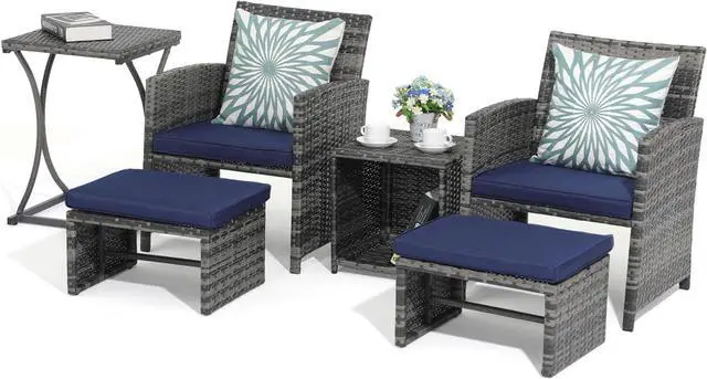 Main image of OC Orange-Casual 6 Piece Patio Furniture Conversation Set with Ottoman, Outdoor Grey Wicker Chair and Table Set, Balcony Furniture for Apartments, Navy Blue